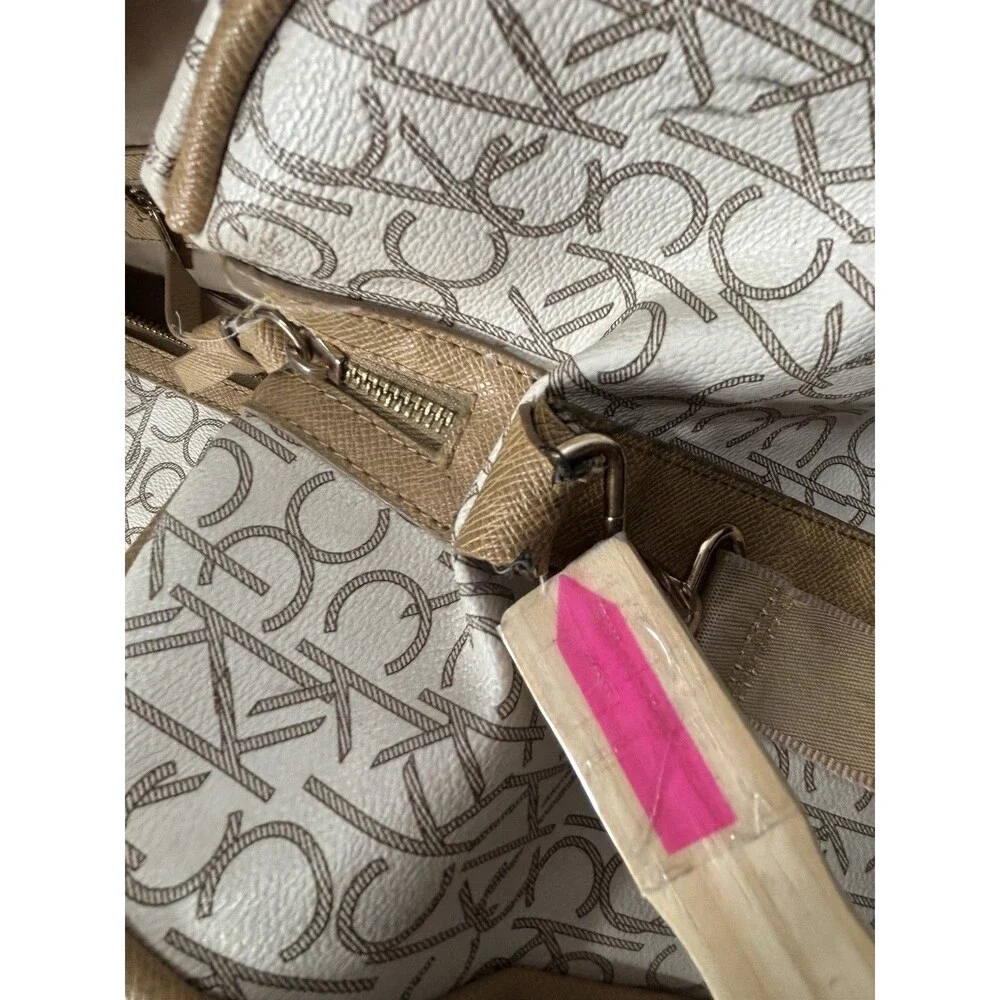 Calvin Klein Travel Weekender Duffle Bag All Over Logo Eggshell Beige Large 21”